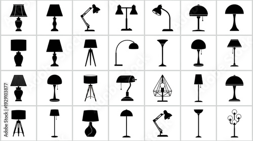 Lamp Silhouette Icon Grid – Diverse Lighting Fixture Designs Featuring Table, Floor, Desk, and Pendant Styles for Interior Decor and Furniture Graphics Projects