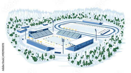 winter sports stadium with ice rink and snow-covered trees hand drawn vector illustration