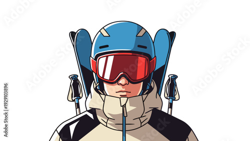 portrait of skier wearing helmet goggles and jacket with skis and poles in cartoon hand drawn style