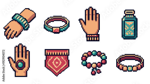 pixel art collection of tribal jewelry and hand accessories set with bracelets rings and patterned elements
