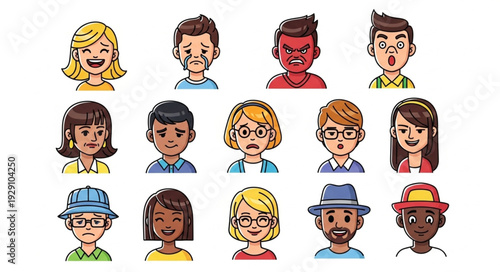 Diverse collection of cartoon faces expressing various emotions and personalities.
