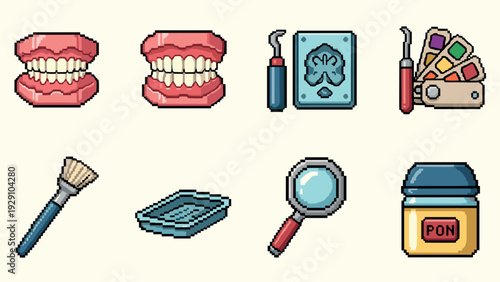 pixel art dental care tools and dentures set in retro style for health and medical design