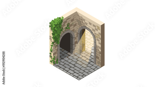 isometric medieval stone archway with ivy and cobblestone ground hand drawn architectural element