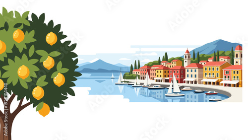 lemon tree with ripe fruits near coastal town harbor with sailboats hand drawn colorful vector illustration