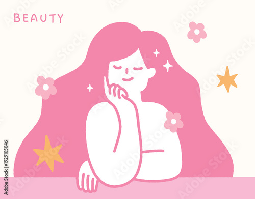 Skin care concept handdrawn illustration with beautiful woman and stars.