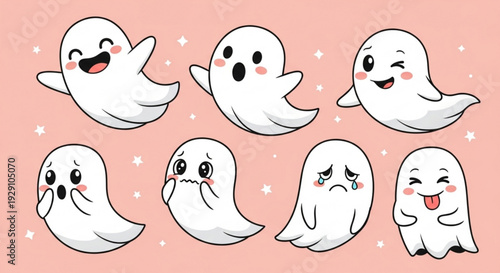 Cute cartoon ghosts with different facial expressions