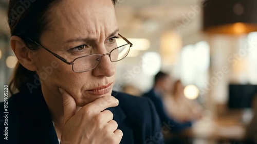 Thoughtful woman with glasses in serious contemplation within modern office environment, reflecting focused atmosphere ideal for decision making and professional growth