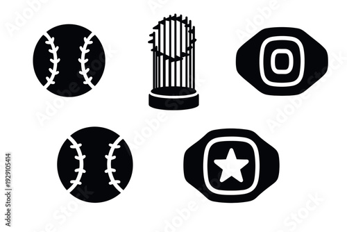 set of five black and white baseball icons including balls rings and trophy in silhouette style