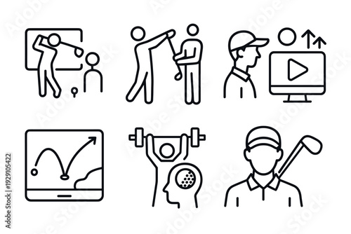 golf training and coaching set of hand drawn line art icons with player instructor and strategy elements