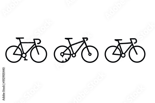 three hand drawn bicycle line art icons in minimalist style cycling and transportation set
