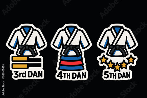three martial arts gi icons with black belts representing 3rd 4th and 5th dan ranks in hand drawn style