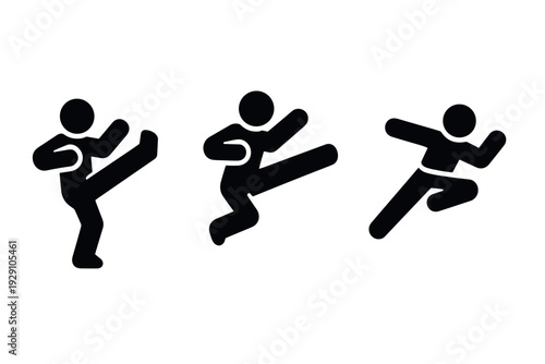 set of three black silhouette martial arts kick poses in flat style
