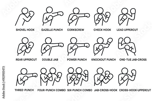 boxing punch technique icons set hand drawn outline style illustration