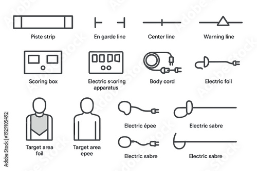 fencing equipment icon set with hand drawn style including piste strip scoring box electric foil and sabre