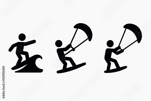 black and white hand drawn water sports icon set with surfing and kiteboarding illustrations