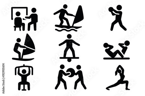 fitness and sports icons set with hand drawn style including exercise, windsurfing, ball games and yoga elements