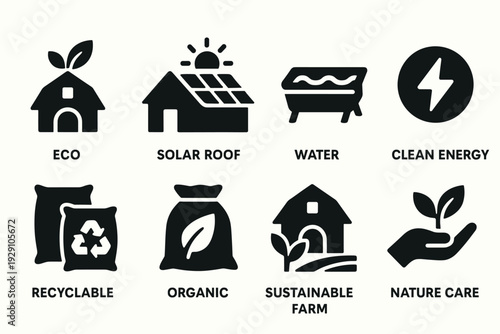 set of eco friendly icons including solar roof organic recyclable sustainable farm and nature care in simple silhouette style