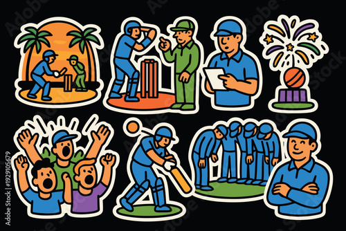 cricket game action and team moments hand drawn cartoon style stickers collection