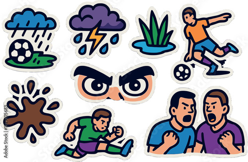 cartoon soccer stickers set with angry eyes weather elements mud splash and arguing fans in hand drawn style
