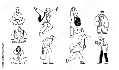 Abstract Line Art People Collection with Bold Yellow Highlights in Modern Flat Vector Style