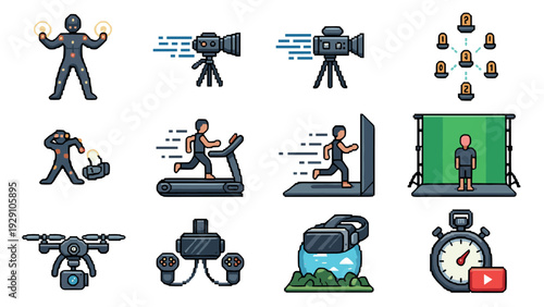 set of hand drawn icons depicting video production and virtual reality technology with fitness and animation elements