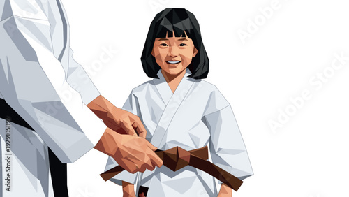 smiling girl receiving a brown belt in martial arts hand drawn vector illustration