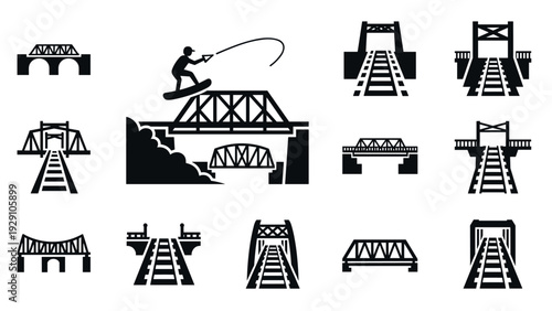 black and white hand drawn railway bridge and wakeboarding icon set for transportation and outdoor sports design