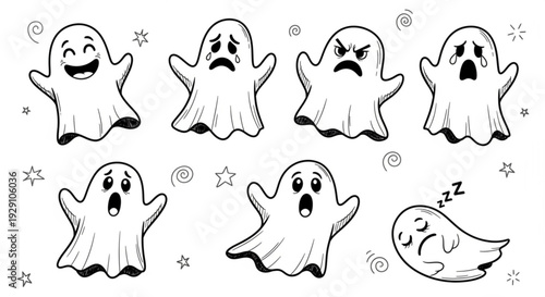Set of cartoon ghosts with different emotions for Halloween