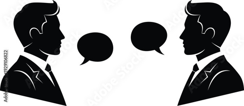 Businessmen conversation silhouette illustration, corporate communication discussion concept black and white vector profile design artwork