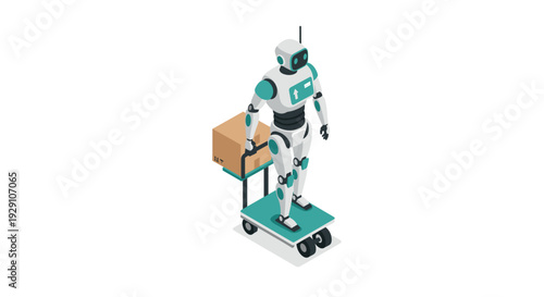 isometric delivery robot carrying cardboard box on hand truck technology illustration