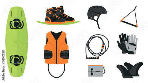 wakeboarding gear set with board boots helmet life vest and accessories in flat style