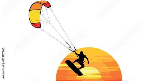 silhouette of kitesurfer jumping with colorful kite against sunset background hand drawn illustration