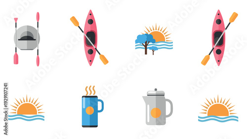 outdoor adventure icon set with kayak, paddle, sunrise, trees, coffee mug, and kettle in flat style