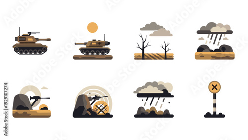 set of hand drawn military and battlefield vector illustrations including tanks soldiers clouds rain and warning sign