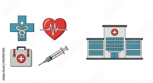 Medical icons including a hospital building, first aid kit, syringe, and health symbols.