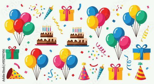 Flat vector birthday party set with chocolate cake and balloons