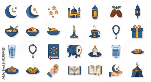 Ramadan icons set with mosque, food, and symbolic objects in blue and gold