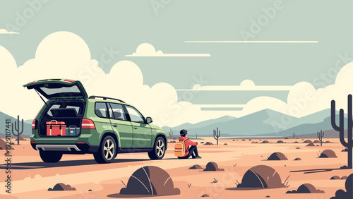man with backpack sitting near open trunk green suv in desert landscape illustration