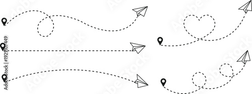 Paper airplane path collection with dotted travel routes and playful motion lines. Minimal navigation and message delivery concept for communication and journey themed designs. Clean vector line icons