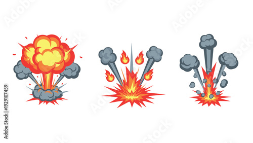 explosion effects cartoon style set with fire smoke and blast hand drawn vector illustrations