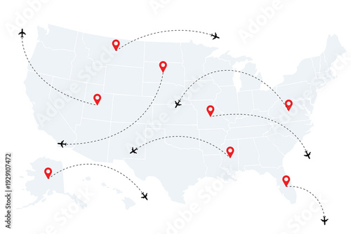 Travel route map illustration with location pins and airplane paths across country outline. Modern navigation concept for tourism, logistics, and journey planning design. Clean vector travel backgroun