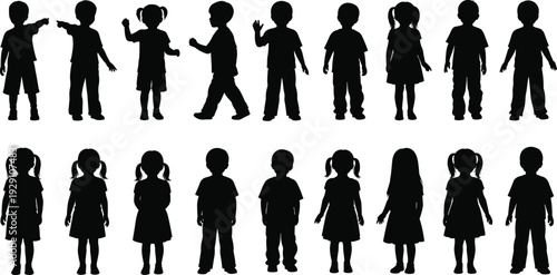 Children silhouette collection, kids standing and playing black and white vector illustration set isolated on background