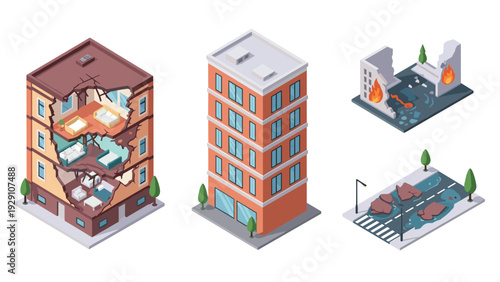 set of isometric damaged and intact buildings and urban scenes with cracks fire and rubble in modern illustration style