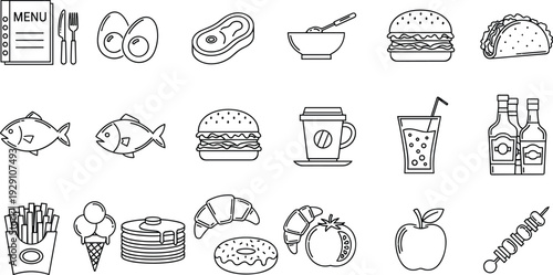 Breakfast and Restaurant Menu Line Icon Set – Minimalist Black Vector Outlines of Eggs Croissants Coffee and Burgers for Food Service UI