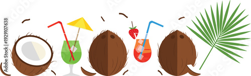 Tropical Coconut Cocktail Illustration Set – Summer Beach Drinks with Straws Umbrellas and Palm Leaves for Vacation and Party Design