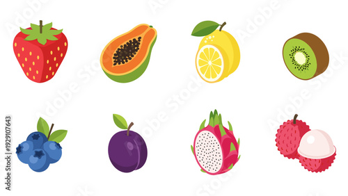 collection of colorful tropical and common fruits in flat vector style for healthy food design