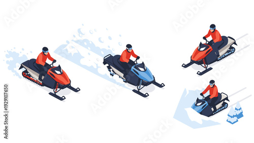 isometric snowmobile riders in action set with snow effects and winter landscape hand drawn illustration for outdoor winter sports