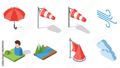 set of weather and nature isometric icons including umbrella wind socks wind symbol person landscape and clouds in flat style