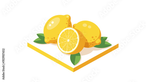 isometric lemon fruit with leaves and slice fresh citrus hand drawn illustration