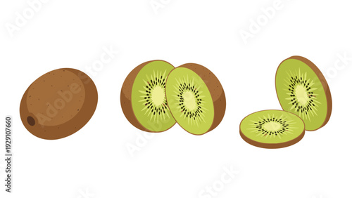 whole and sliced kiwifruit in flat style healthy food illustration